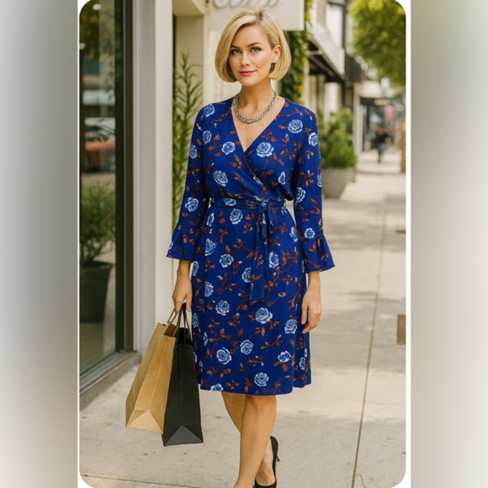 💙Lily Morgan floral wrap dress, blue, V-neck, long sleeves,ruffled cuffs 👗🌹